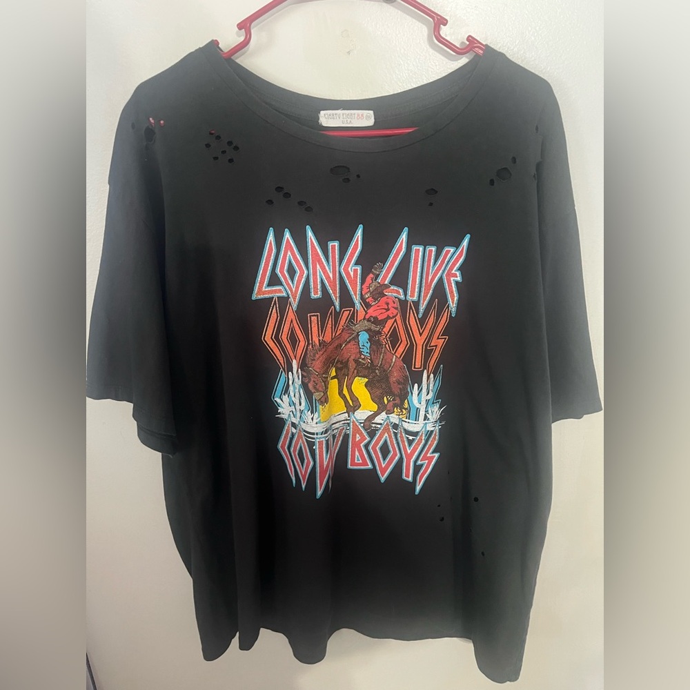 Eighty Eight Black Tee with Distressed Detail Long Live Cowboys 2XL